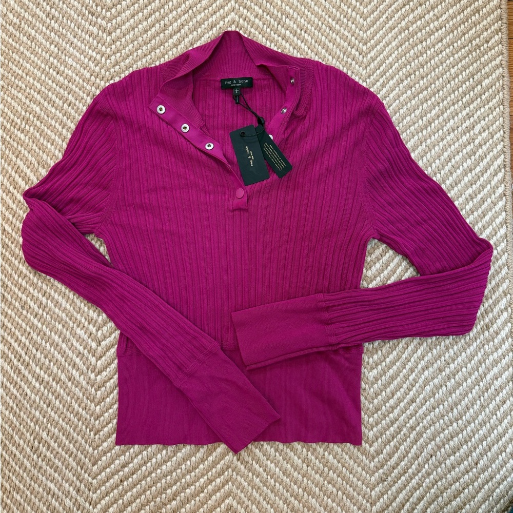 rag & bone Esme Ribbed Knit Top Pink Snap Henley, NWT, Size L